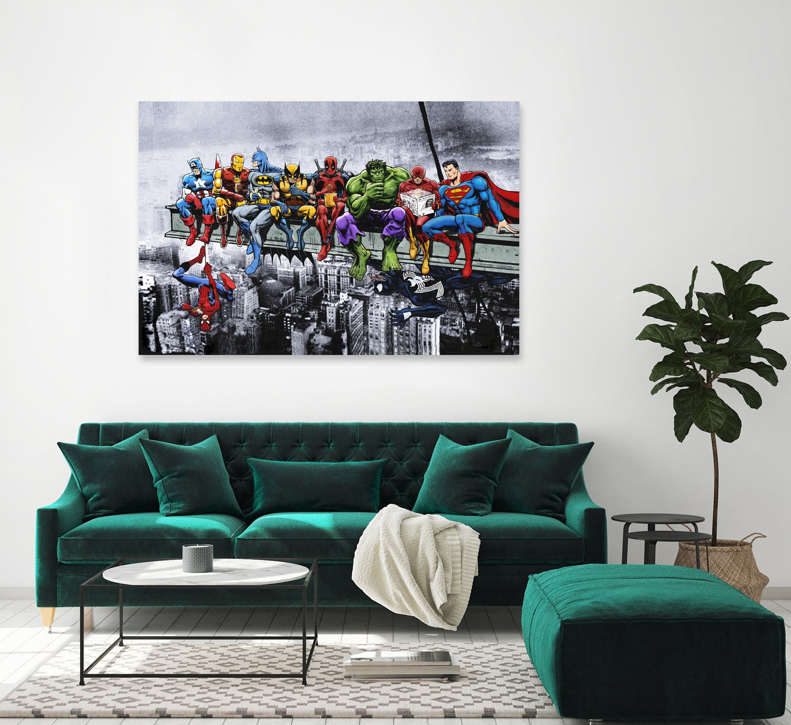 Marvel and DC Superheroes Lunch Atop A Skyscraper by Dan Avenell on GIANT ART - red digital painting