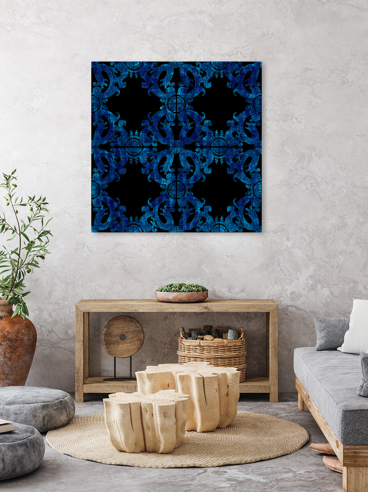 Blue carved tile ceramic effect by Bernadette Mombourgh on GIANT ART - blue digital painting