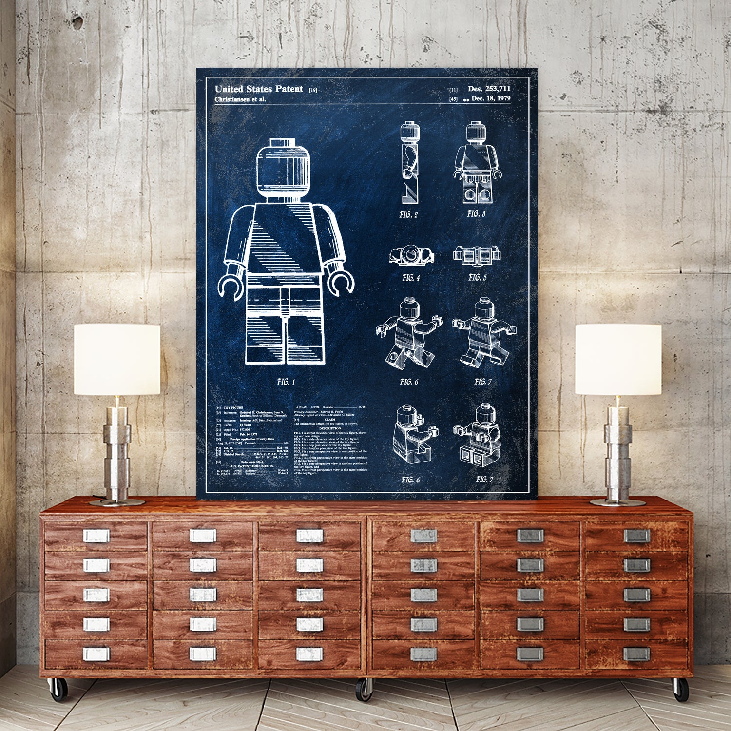 1979 mini figure chalkboard patent by map collection on GIANT ART - blue mixed media