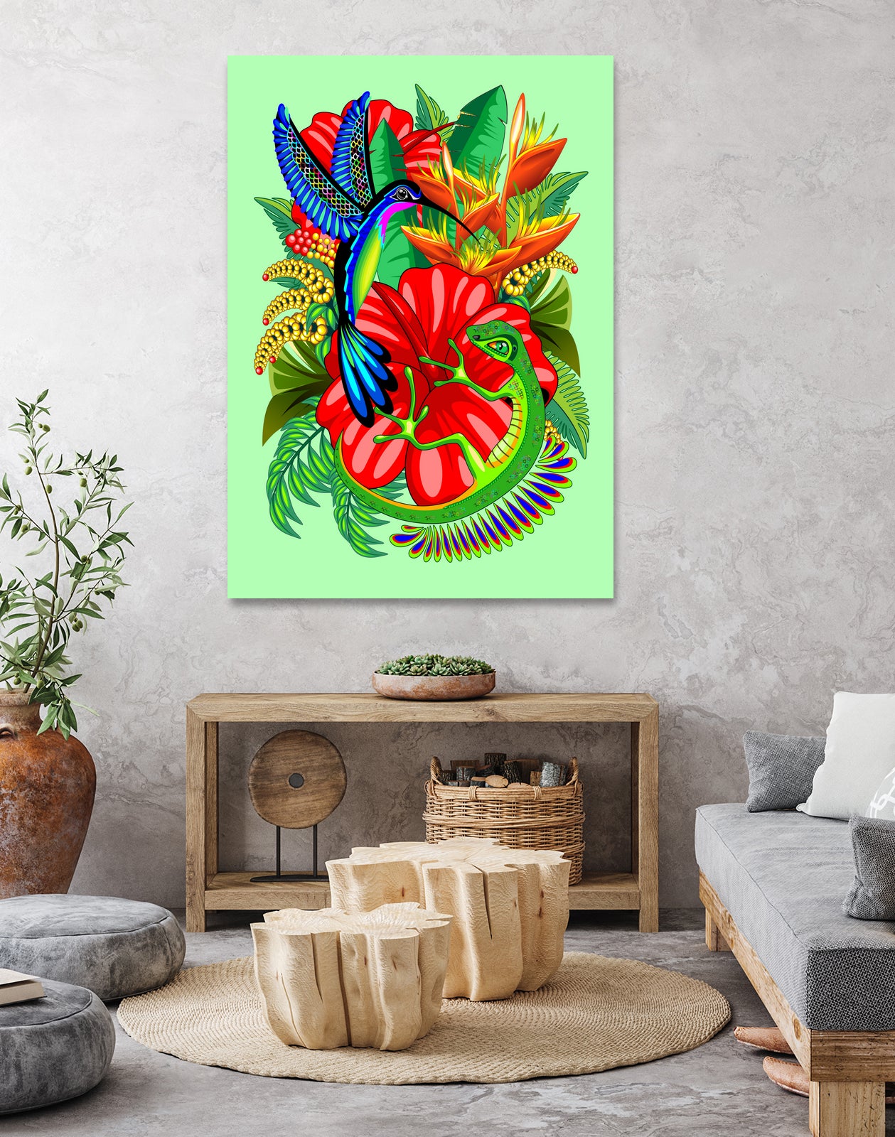 The Lizard, The Hummingbird and The Hibiscus by Monica Terrana on GIANT ART - green digital drawing