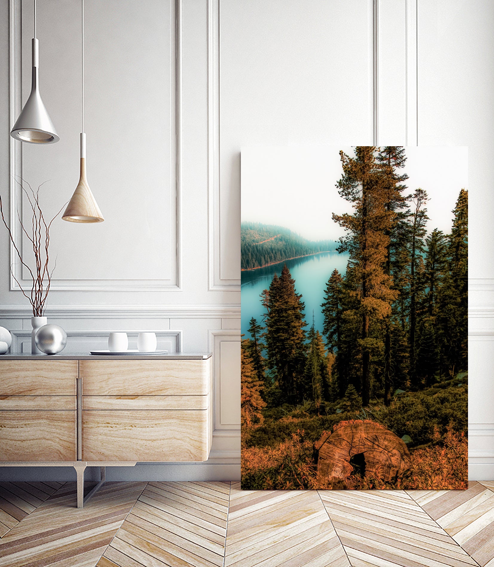 Pine tree with lake scenic at Emerald Bay Lake Tahoe by sutee monchitnukul on GIANT ART - orange photo manipulation