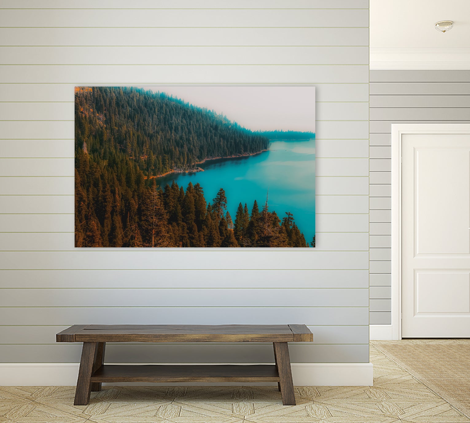Pine tree and lake view at Emerald Bay Lake Tahoe California by sutee monchitnukul on GIANT ART - blue photo manipulation