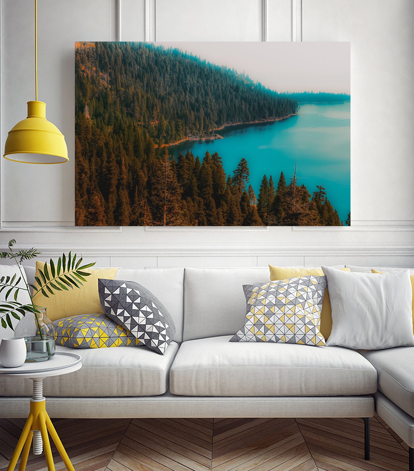 Pine tree and lake view at Emerald Bay Lake Tahoe California by sutee monchitnukul on GIANT ART - blue photo manipulation