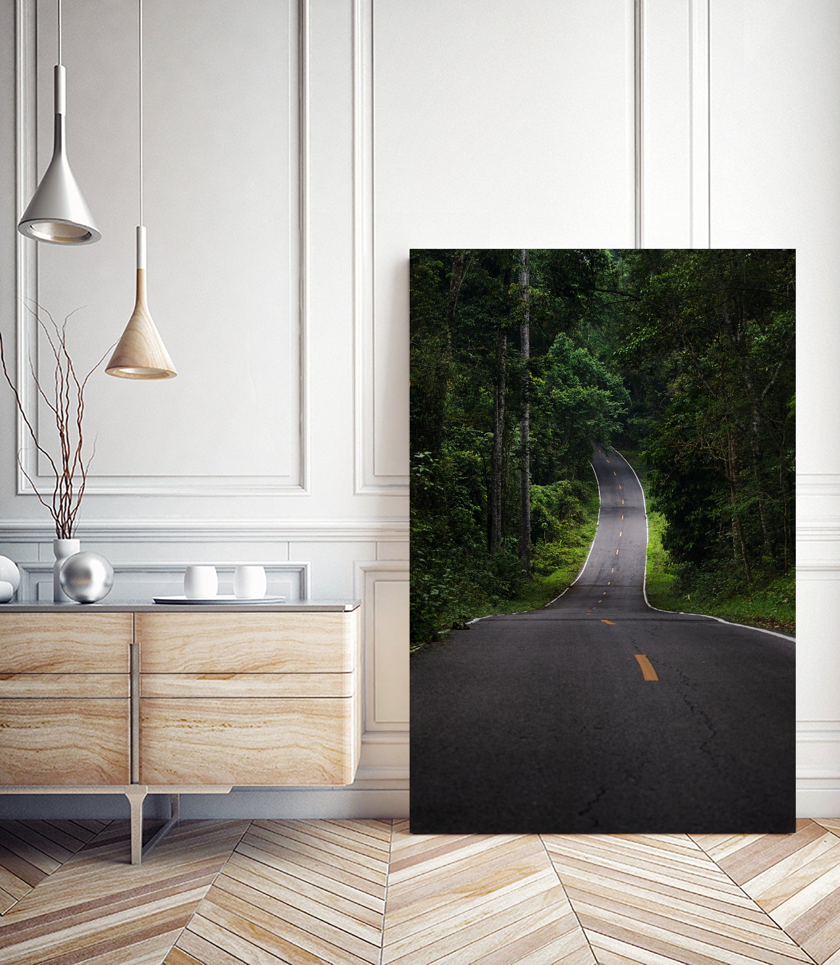 The asphalt road straight into the forest by Studio OMG on GIANT ART - green photo illustration