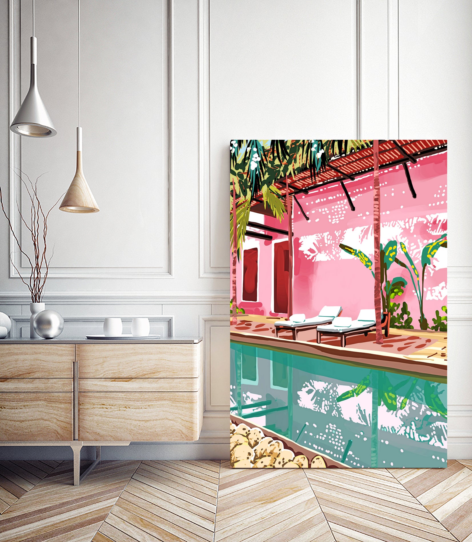 Vacay Villa | Blush Pink Summer Architecture | Tropical by Uma Gokhale on GIANT ART - pink digital painting