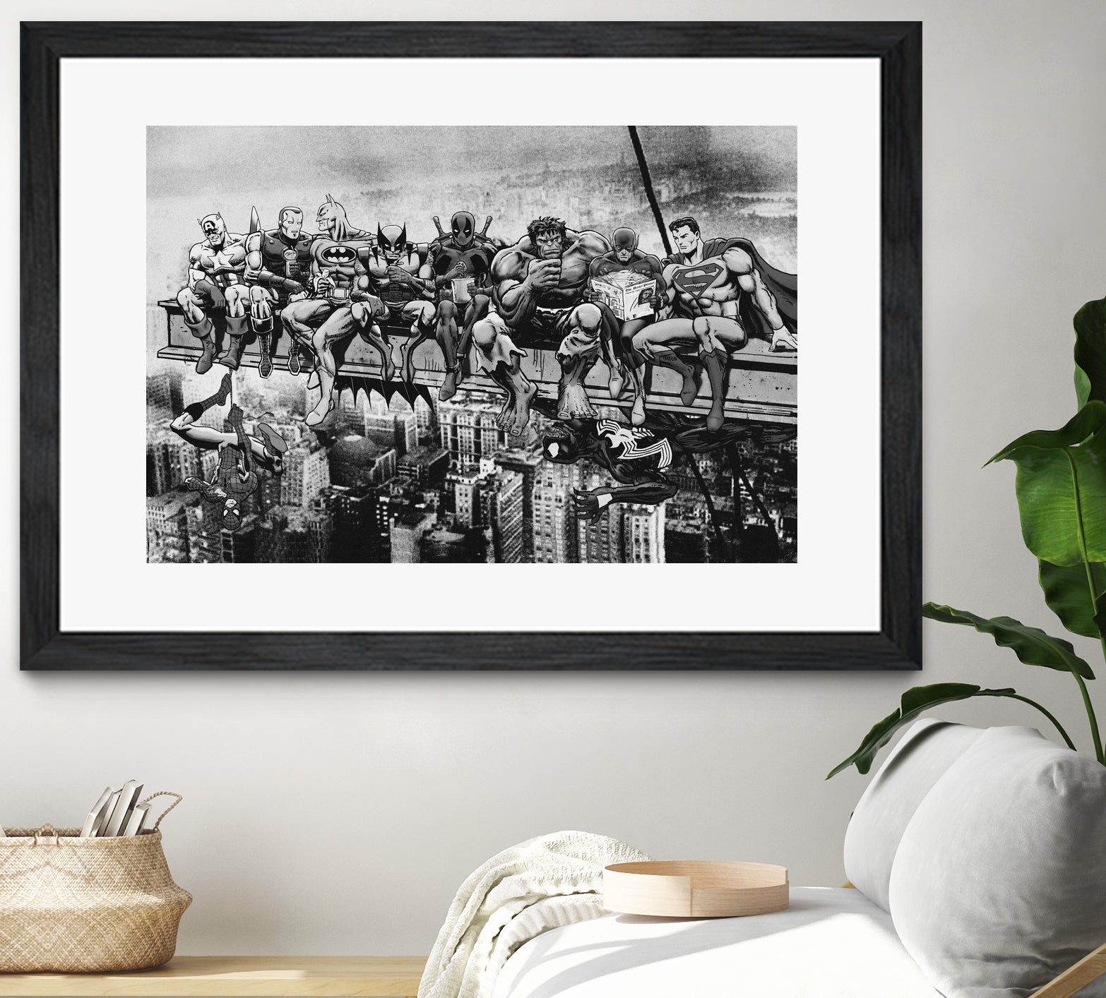 Marvel & DC Superheroes Lunch Atop A Skyscraper -B/W Edition by Dan Avenell on GIANT ART - gray digital painting