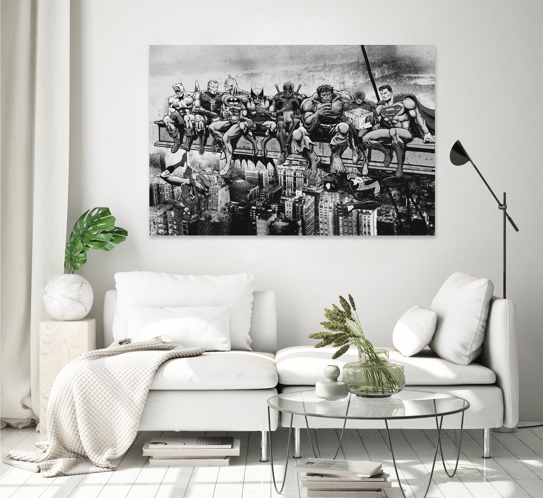 Marvel & DC Superheroes Lunch Atop A Skyscraper -B/W Edition by Dan Avenell on GIANT ART - gray digital painting