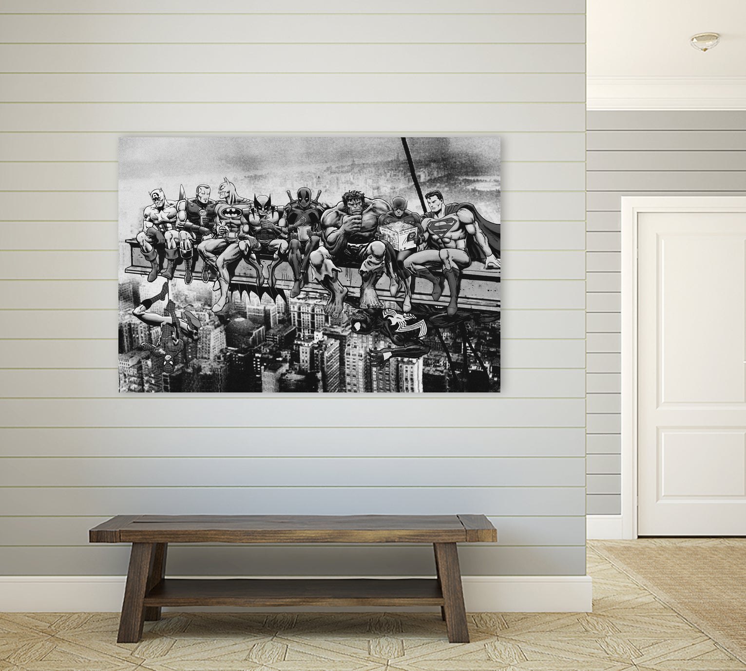 Marvel & DC Superheroes Lunch Atop A Skyscraper -B/W Edition by Dan Avenell on GIANT ART - gray digital painting