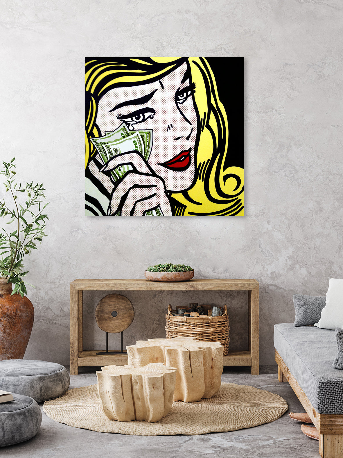 Crying Girl wipes tears by money by Artem Avetisyan on GIANT ART - yellow digital drawing