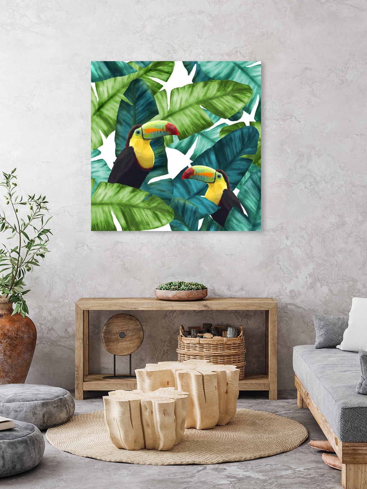 Toucans Tropical Banana Leaves Pattern by Brigitte Carre on GIANT ART - green digital painting