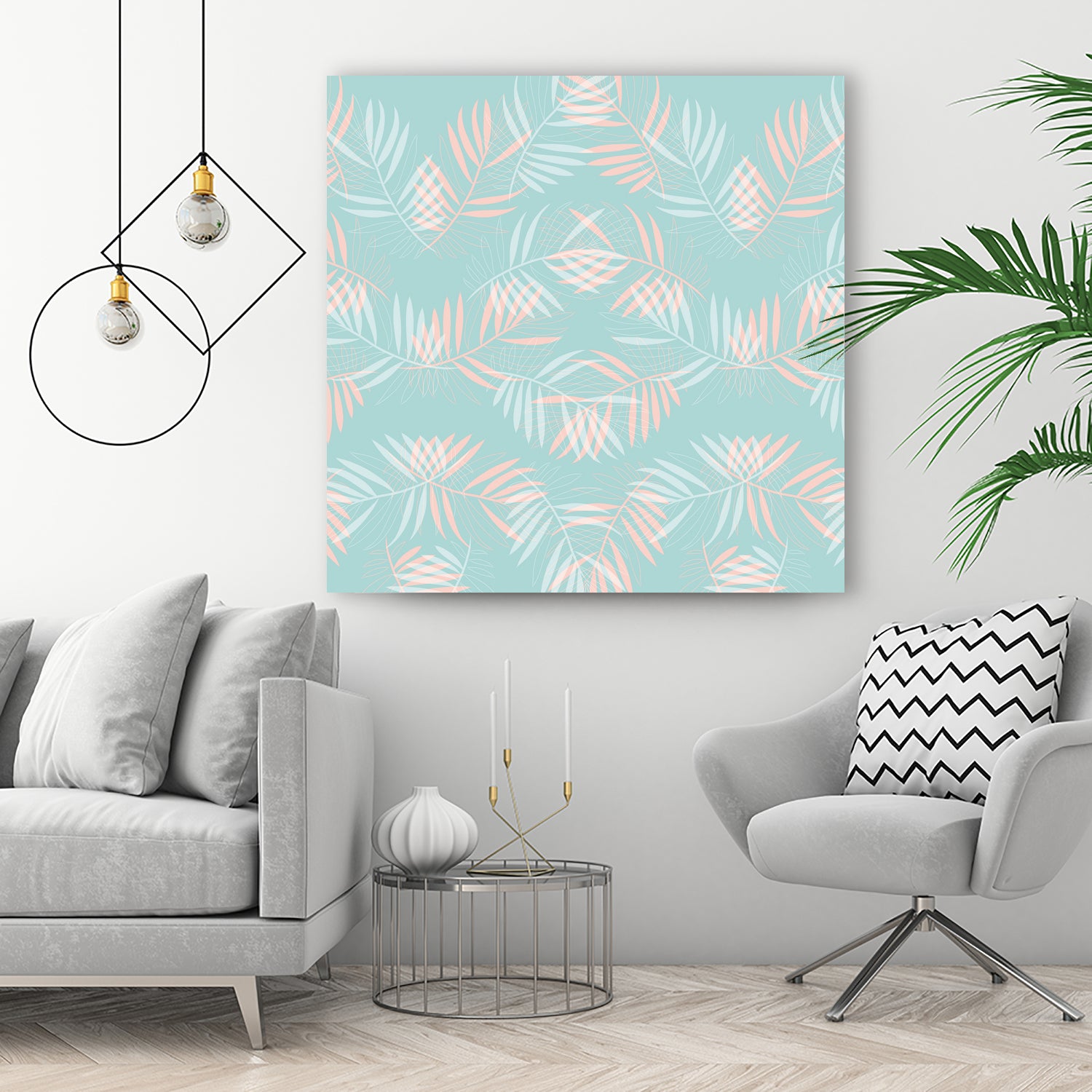 Palm Leaves Lace Pattern on Aqua by Dominique Van Roey on GIANT ART - green digital drawing