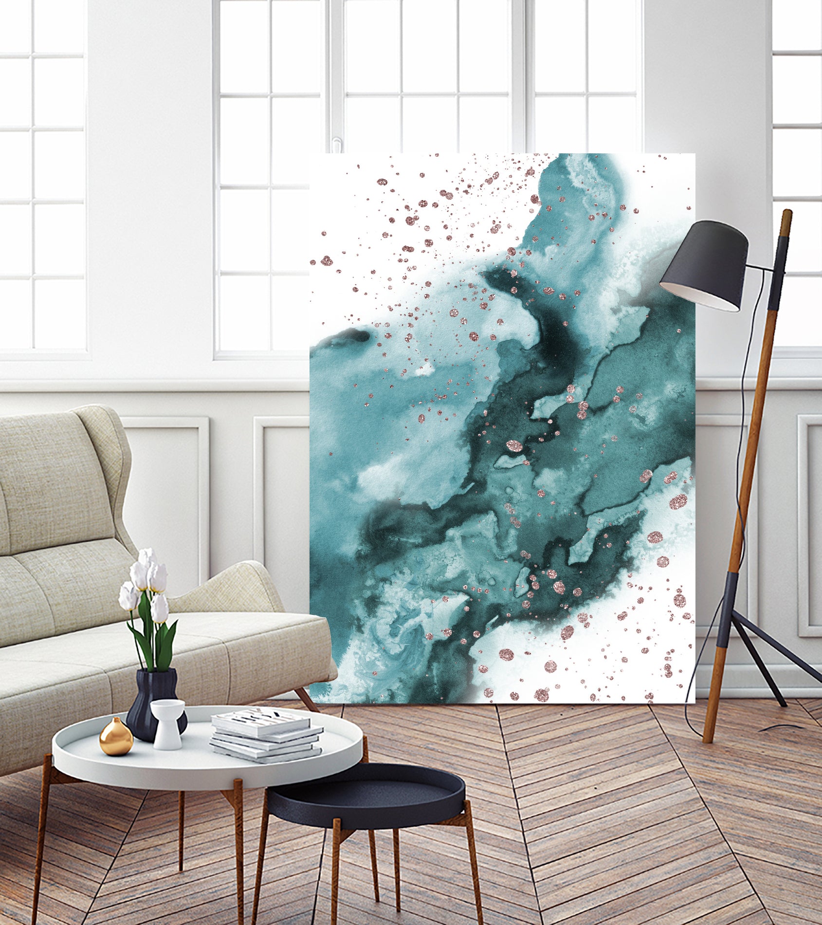 Watercolor meets Glitter - Turquoise Rose Gold - No 1 by Anastasia Sawall on GIANT ART - blue digital painting