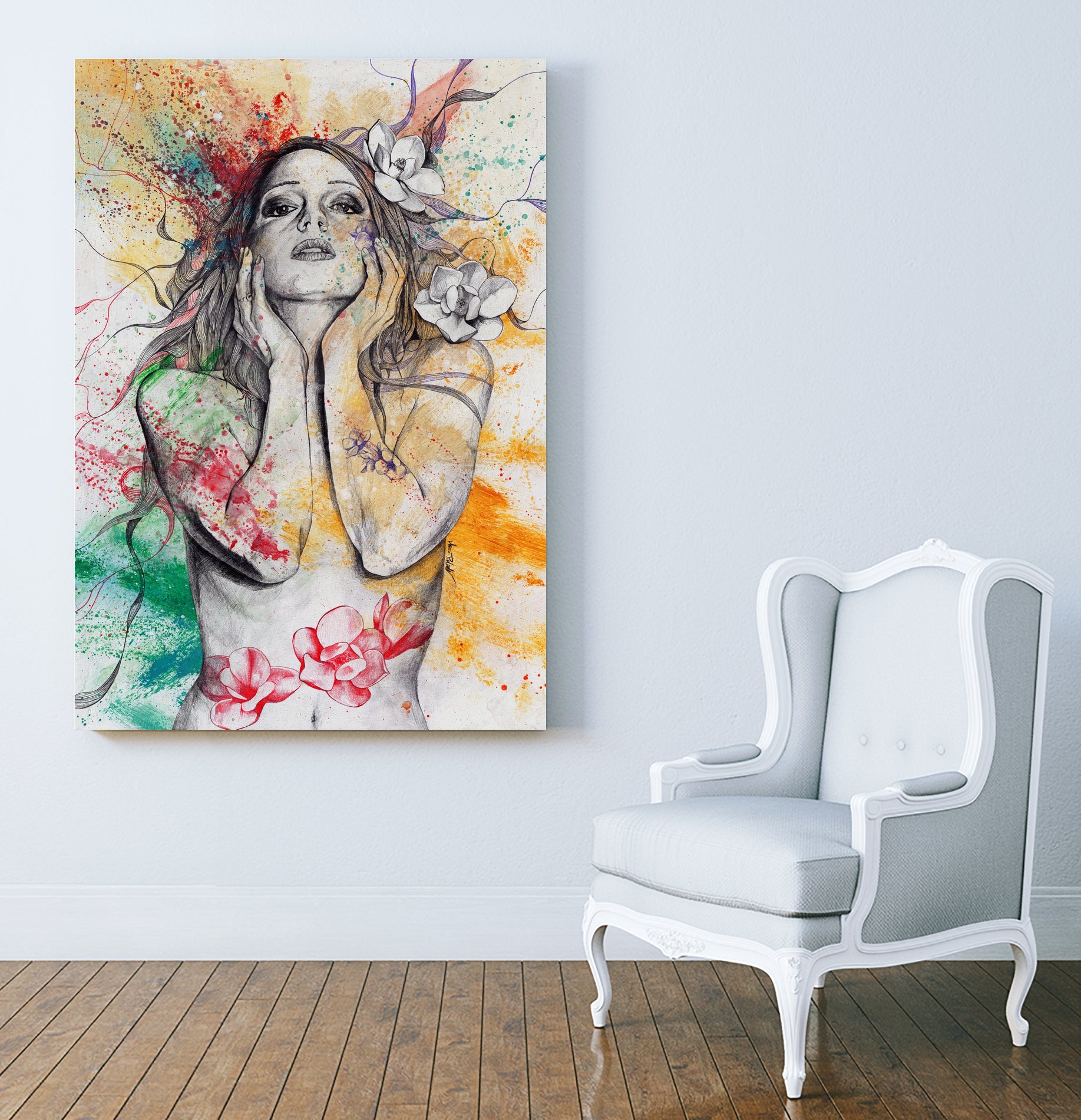 The Withering Spring I | nude tattoo woman portrait by Marco Paludet on GIANT ART - yellow mixed media