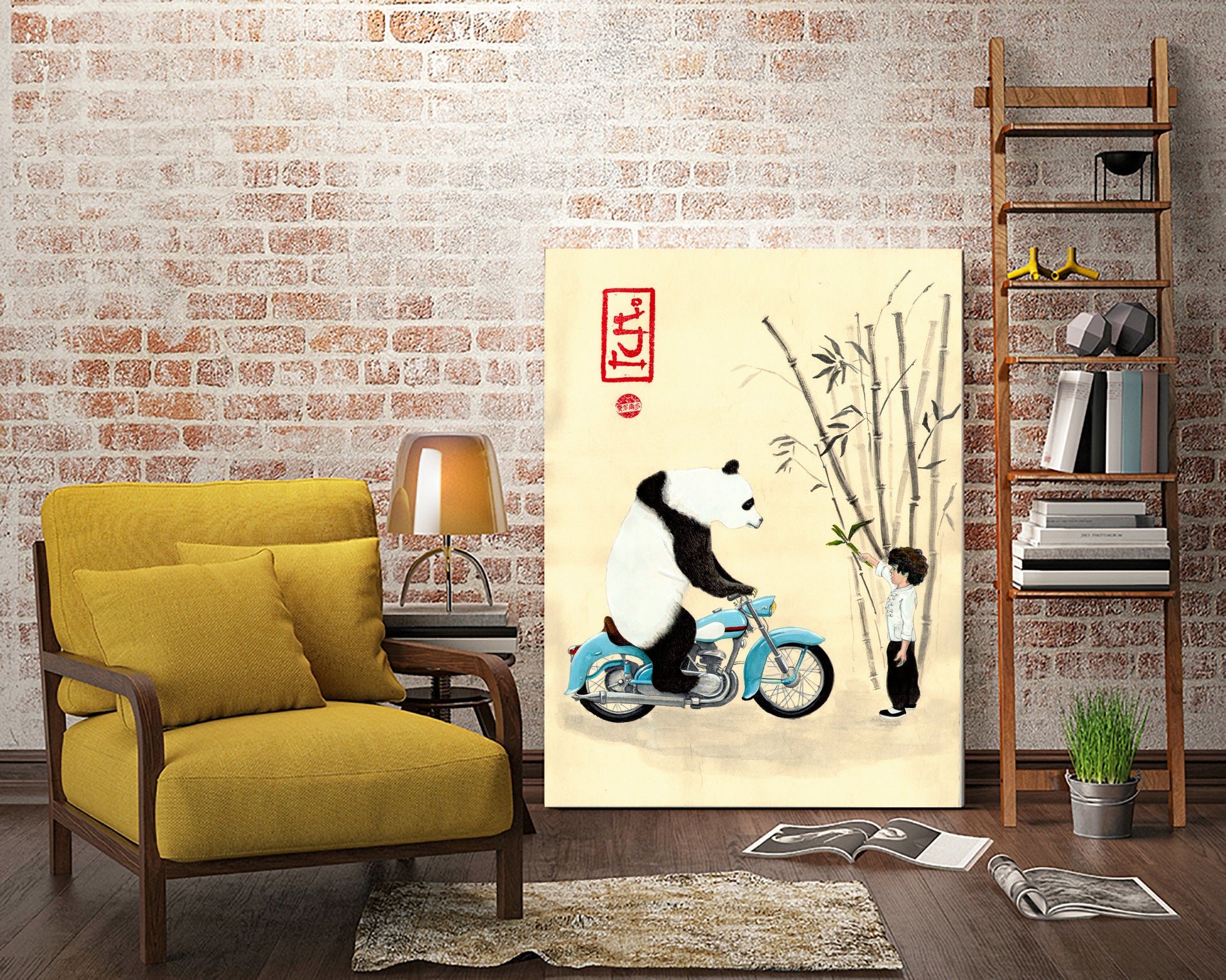 Óliver and the panda by Luis Fernando Montilla Sánchez on GIANT ART - yellow mixed media