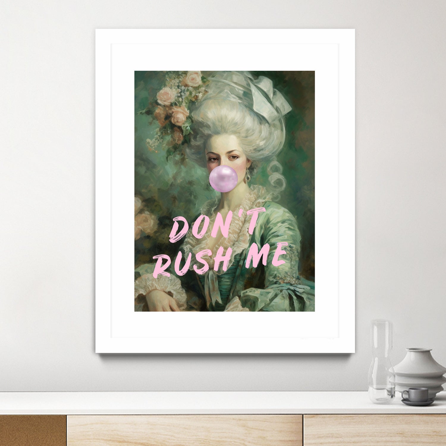 Marie Antoinette Dont Rush Me by Talitha McQueen on GIANT ART - pink contemporary human face,flower,text,clothing,painting,doll,poster,person,fashion,flowers,flora,floral,botanical,flowers and plants,botanicals,word,words,painted,paint,painterly,people,portrait,figurative