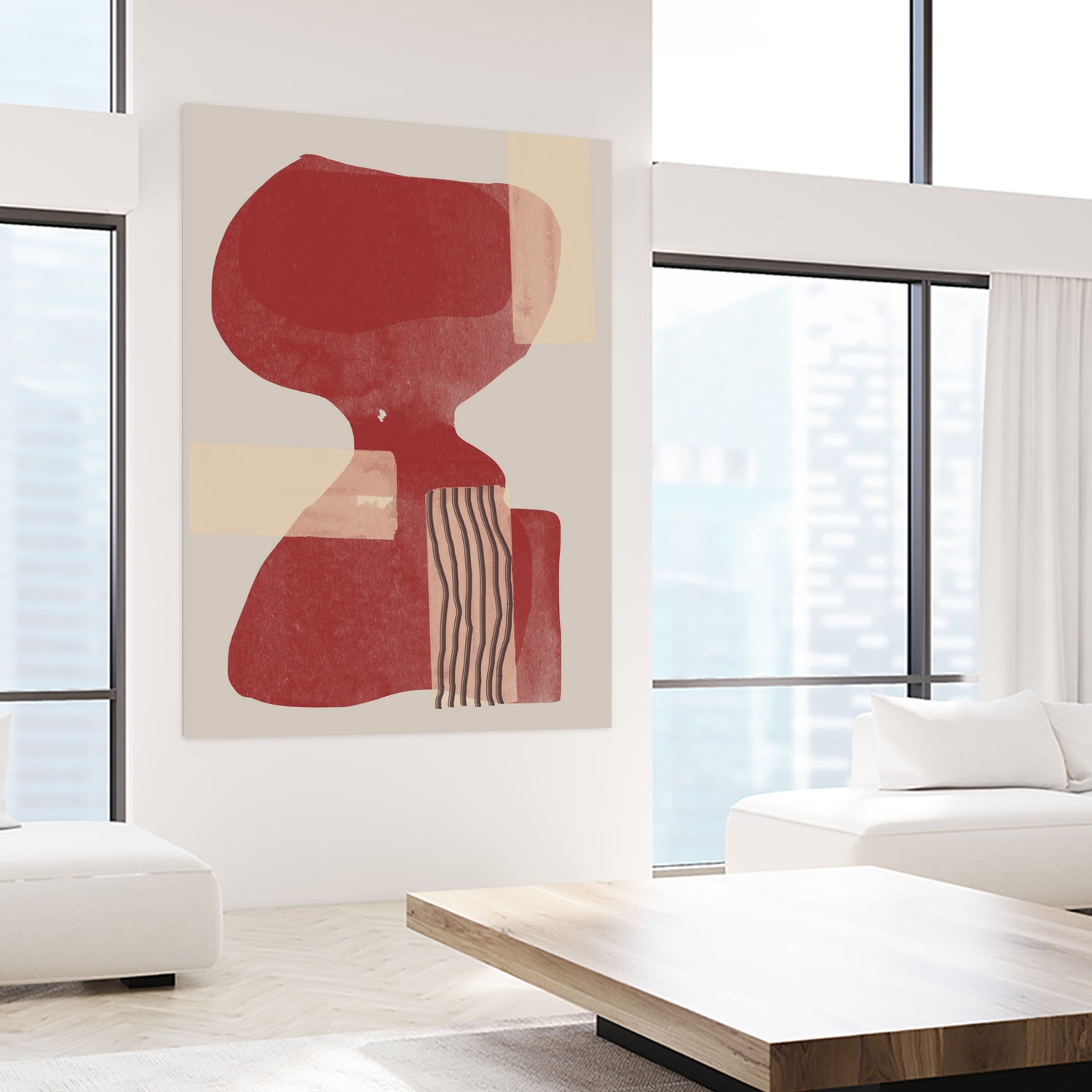 Crimson Harmony by THE MIUUS STUDIO on GIANT ART - red shape abstract, bold, white, grey, gray, calm, painting, print, wallart, wall art, energetic, colourful, graphic print, illustration, soft, brush strokes, cute, prints, home decor, beige, black, drawing