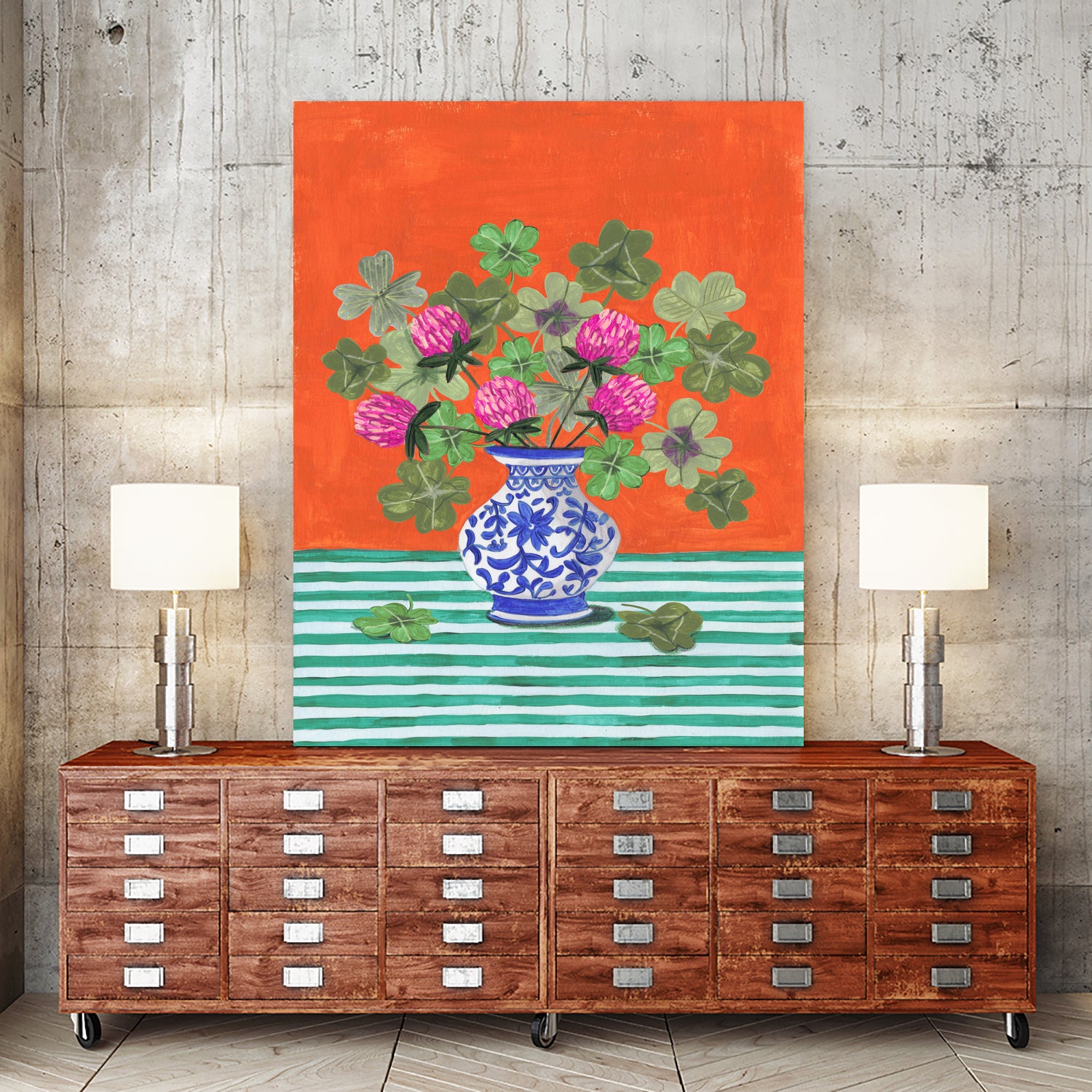 Clovers and Pink Blossoms by Caroline Bonne Muller on GIANT ART - clover bouquet  clover bouquet