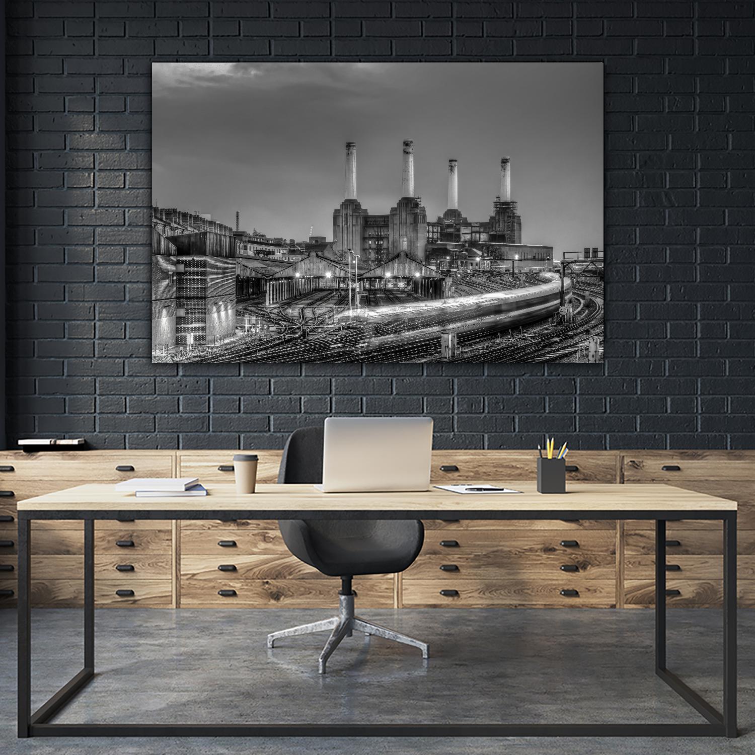 Trains pass Battersea Power Sation by Nick Jackson on GIANT ART - white city scene