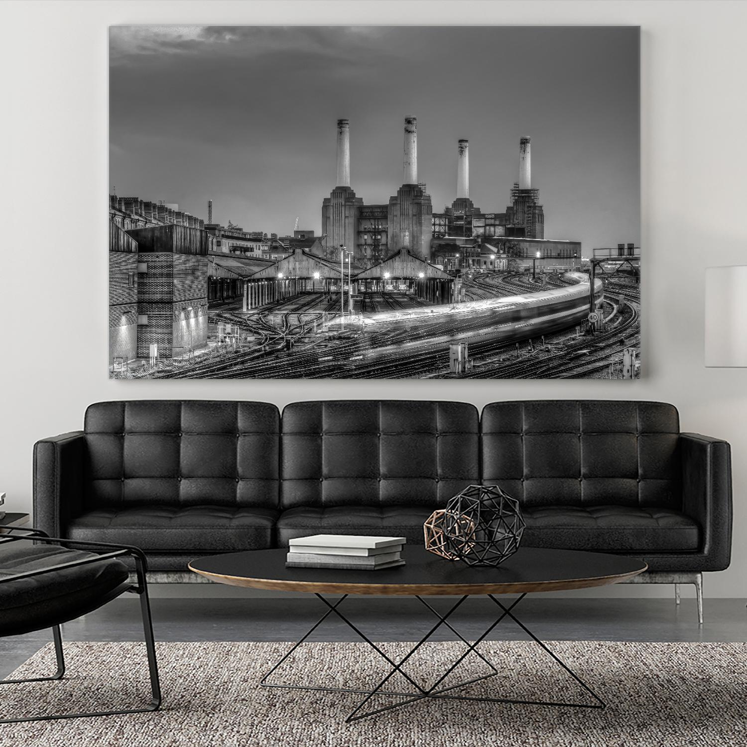 Trains pass Battersea Power Sation by Nick Jackson on GIANT ART - white city scene