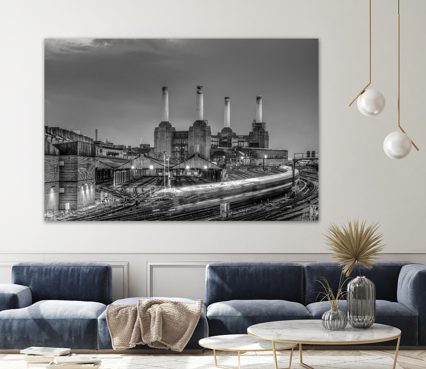 Trains pass Battersea Power Sation by Nick Jackson on GIANT ART - white city scene