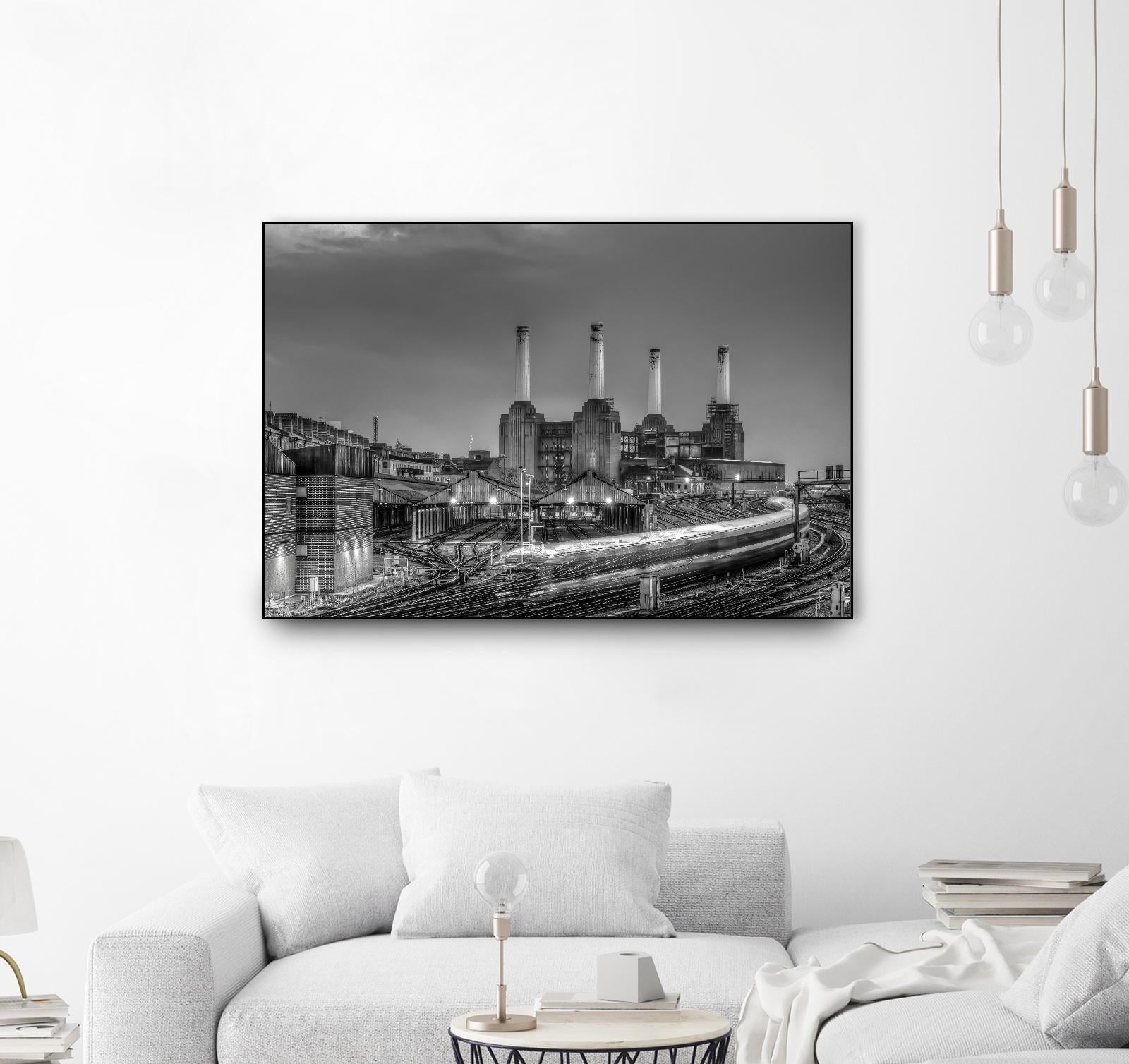 Trains pass Battersea Power Sation by Nick Jackson on GIANT ART - white city scene