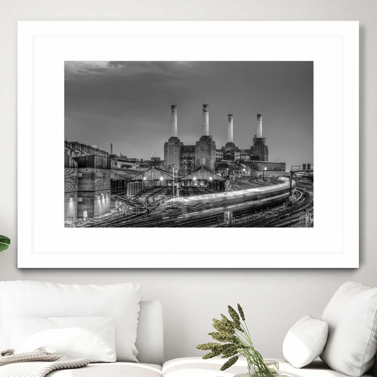 Trains pass Battersea Power Sation by Nick Jackson on GIANT ART - white city scene