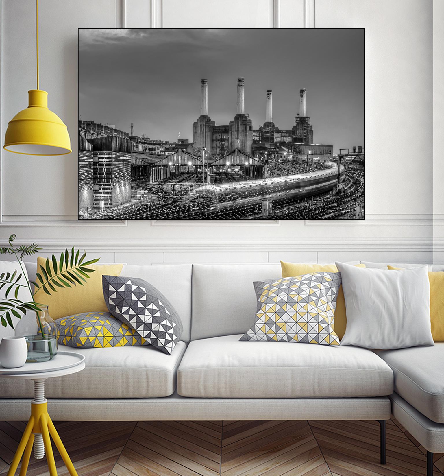 Trains pass Battersea Power Sation by Nick Jackson on GIANT ART - white city scene