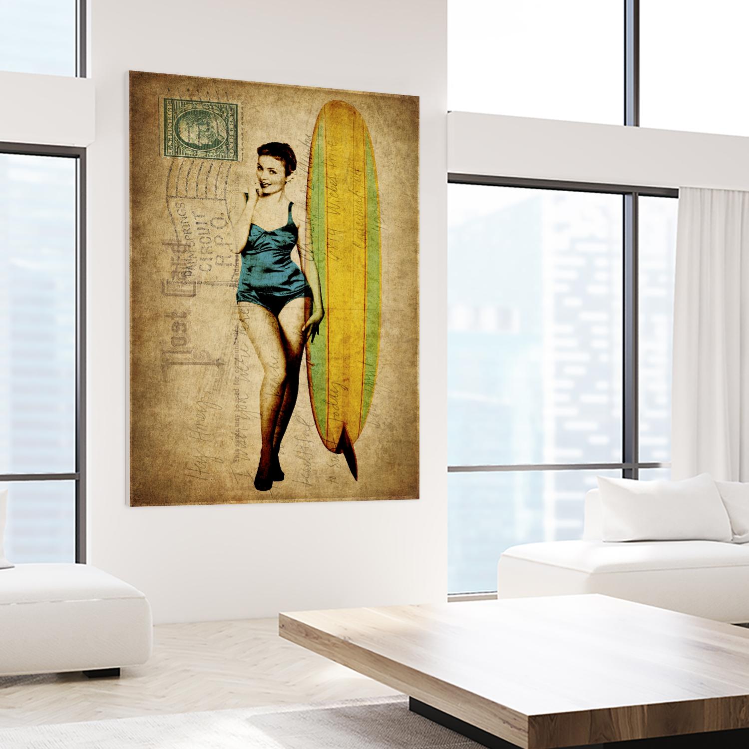 Pinup Girl Surfing by GI ArtLab on GIANT ART - yellow vintage