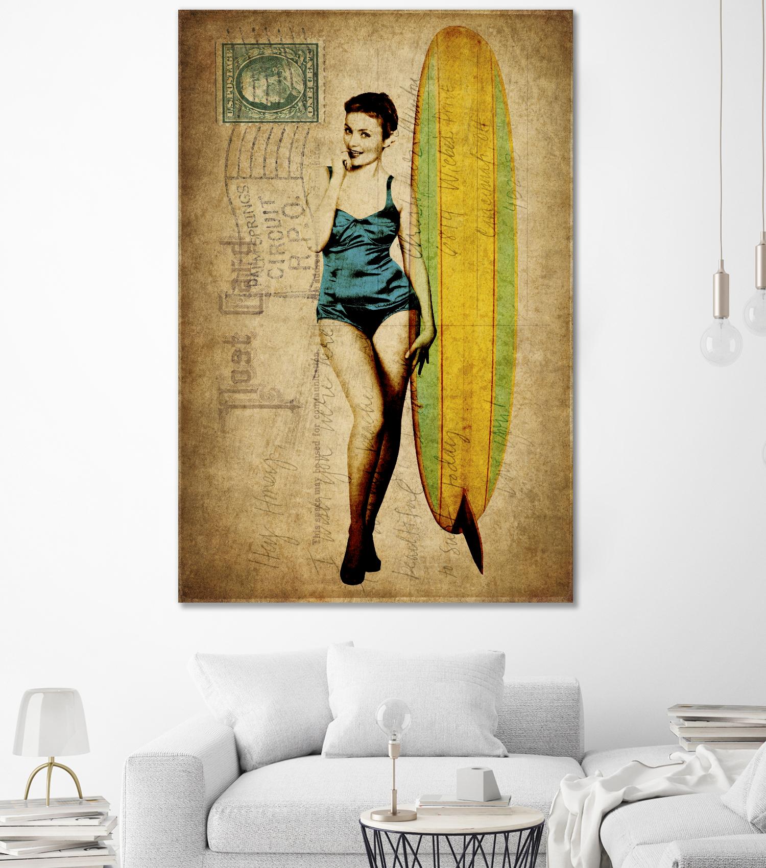 Pinup Girl Surfing by GI ArtLab on GIANT ART - yellow vintage