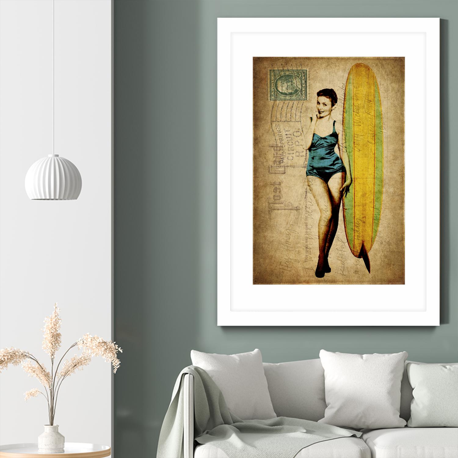 Pinup Girl Surfing by GI ArtLab on GIANT ART - yellow vintage