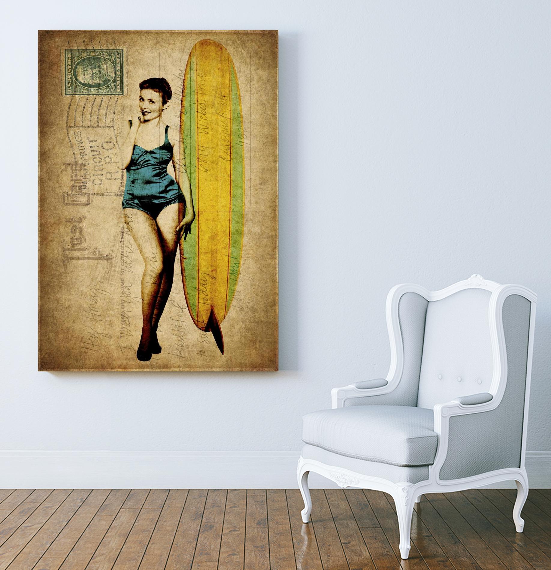 Pinup Girl Surfing by GI ArtLab on GIANT ART - yellow vintage