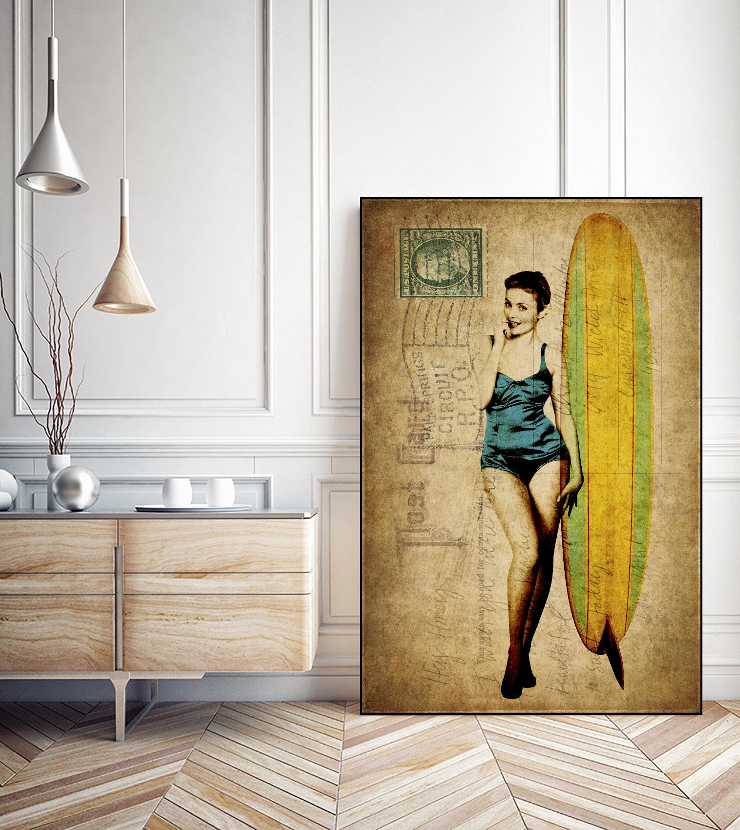 Pinup Girl Surfing by GI ArtLab on GIANT ART - yellow vintage
