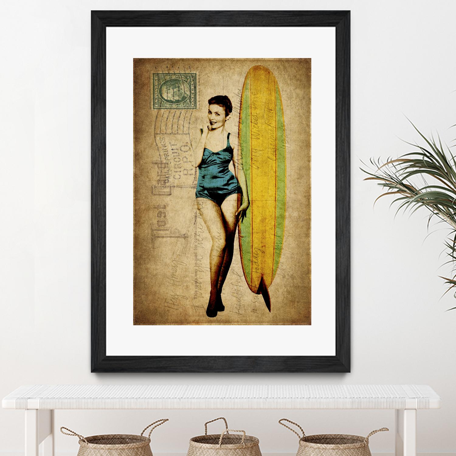 Pinup Girl Surfing by GI ArtLab on GIANT ART - yellow vintage