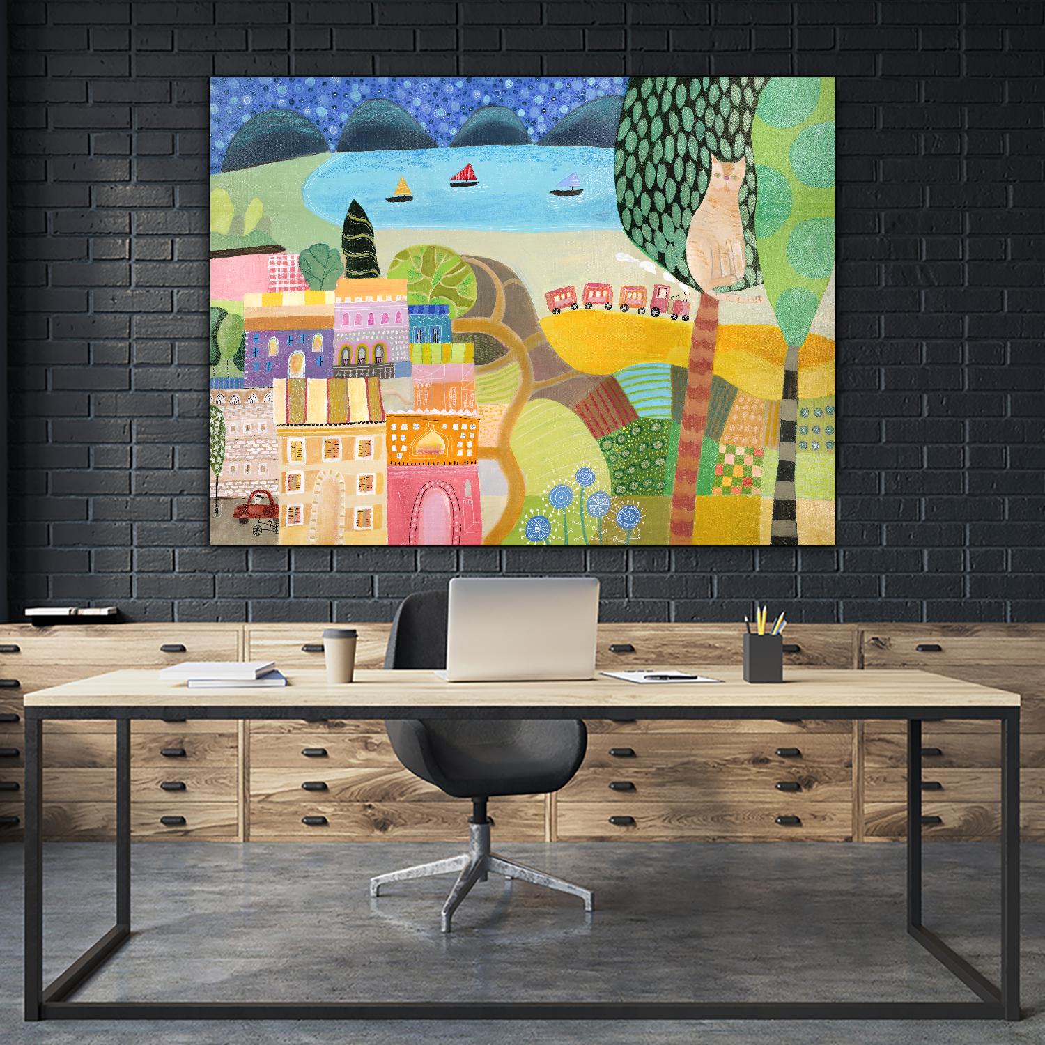 Village with Train by Nathaniel Mather on GIANT ART - green contemporary