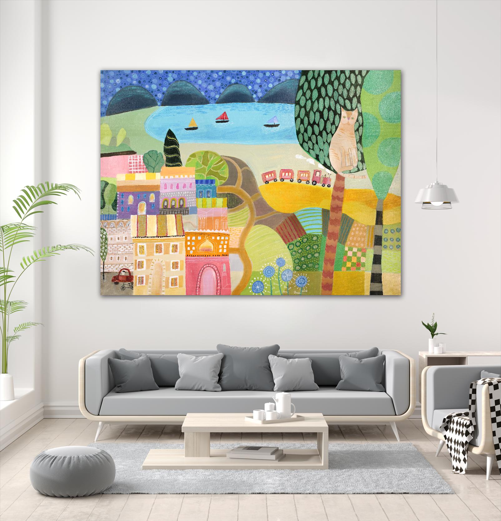 Village with Train by Nathaniel Mather on GIANT ART - green contemporary