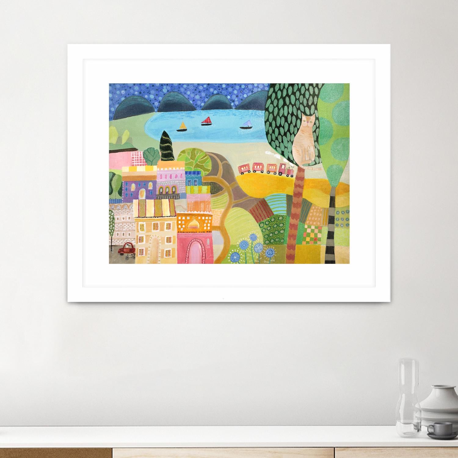 Village with Train by Nathaniel Mather on GIANT ART - green illustration maison