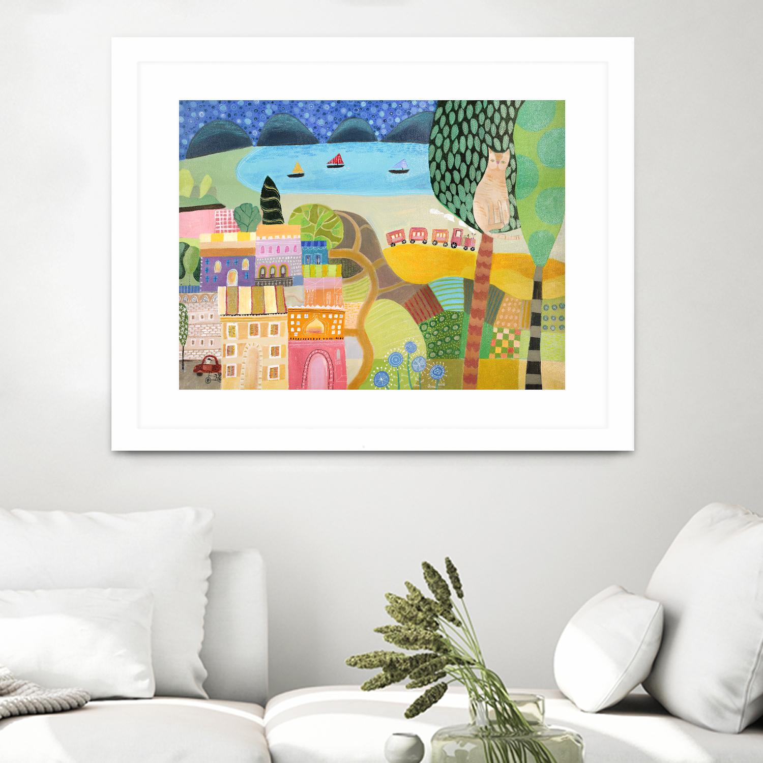 Village with Train by Nathaniel Mather on GIANT ART - green illustration maison