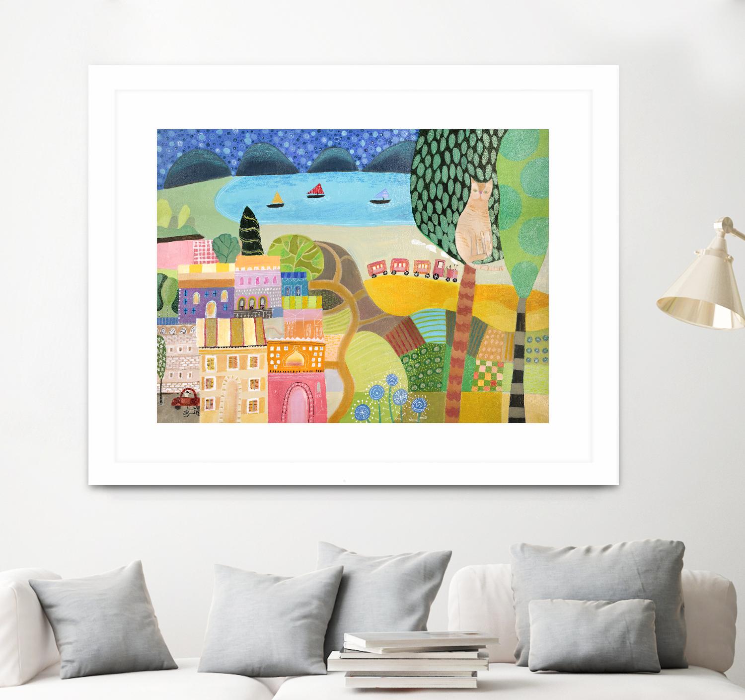 Village with Train by Nathaniel Mather on GIANT ART - green illustration maison