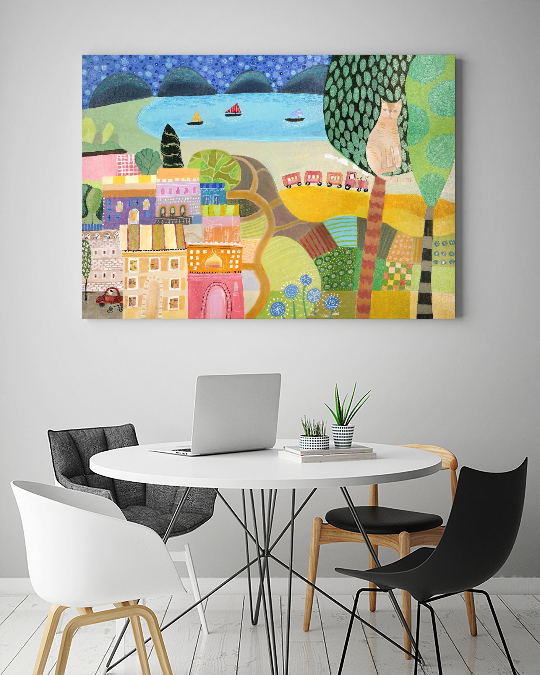 Village with Train by Nathaniel Mather on GIANT ART - green illustration maison