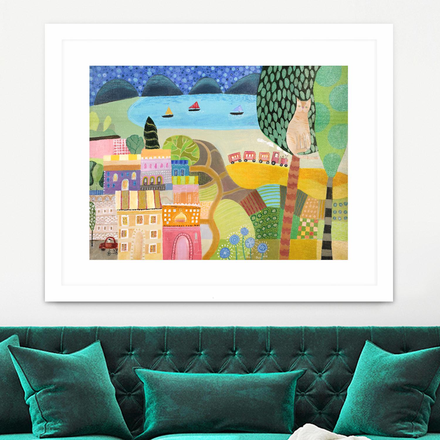 Village with Train by Nathaniel Mather on GIANT ART - green illustration maison