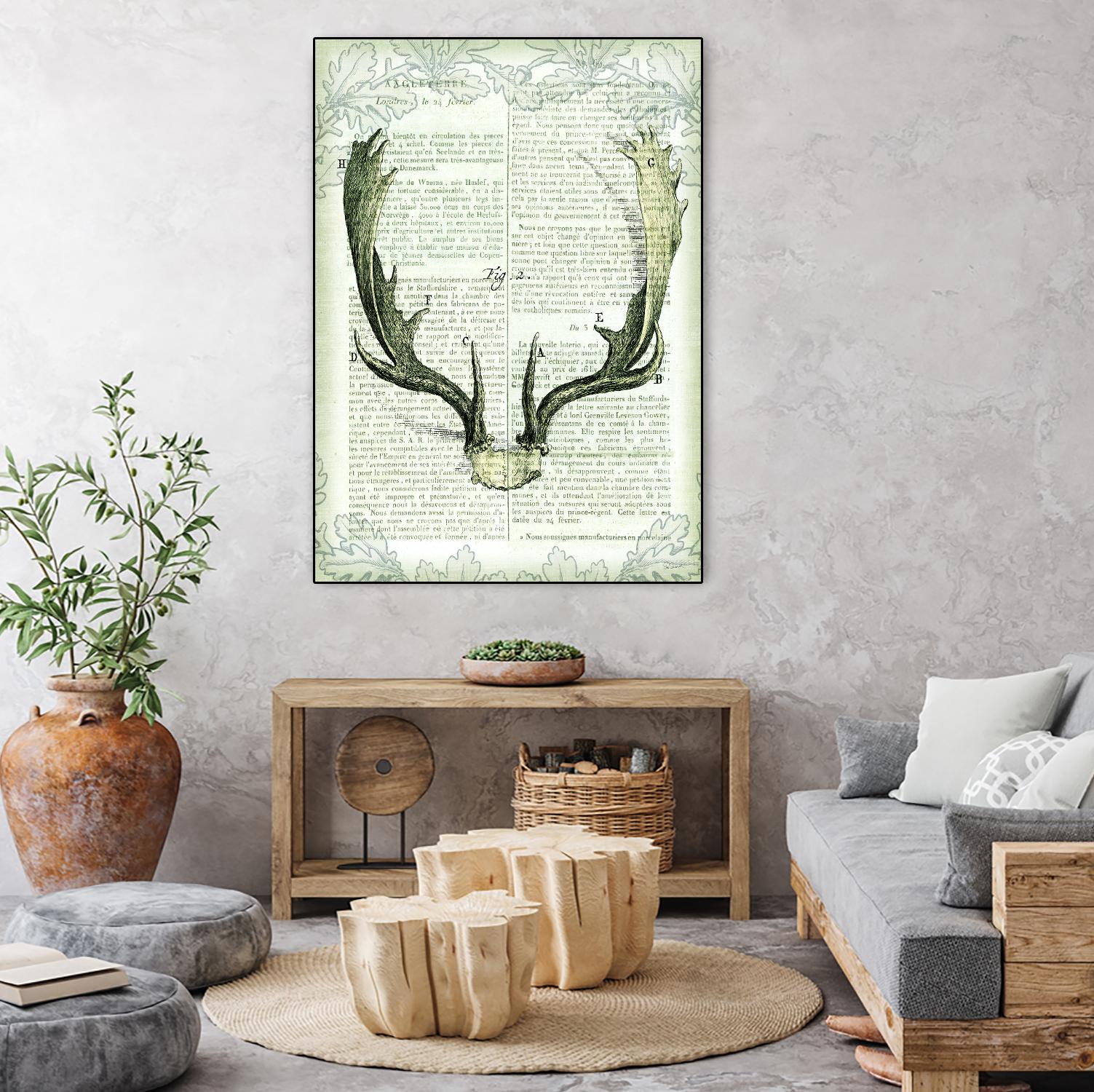 Regal Antlers on Newsprint II by Sue Schlabach on GIANT ART - brown country look