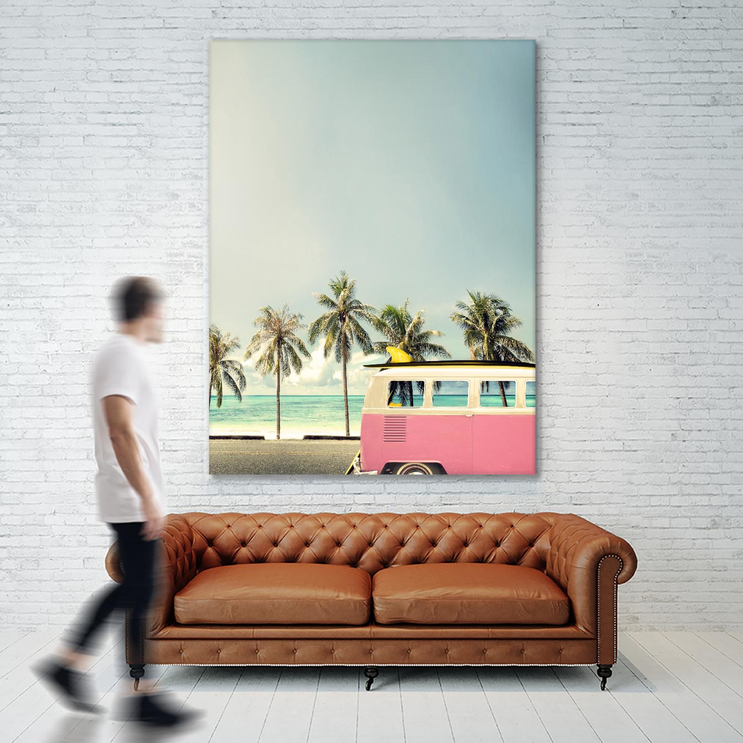Surf Bus Pink by Design Fabrikken on GIANT ART - multi coastal, landscapes, photography, beaches, cars, ocean, palm trees, surfing, tropical, transportation