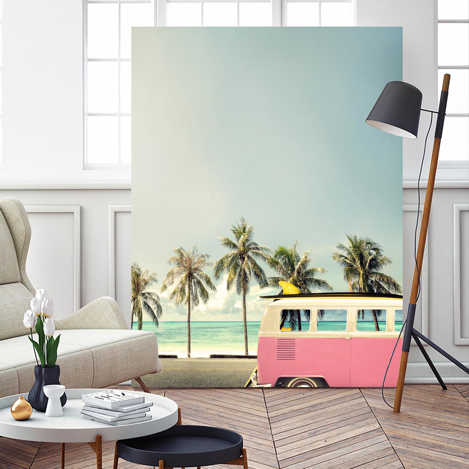 Surf Bus Pink by Design Fabrikken on GIANT ART - multi coastal, landscapes, photography, beaches, cars, ocean, palm trees, surfing, tropical, transportation