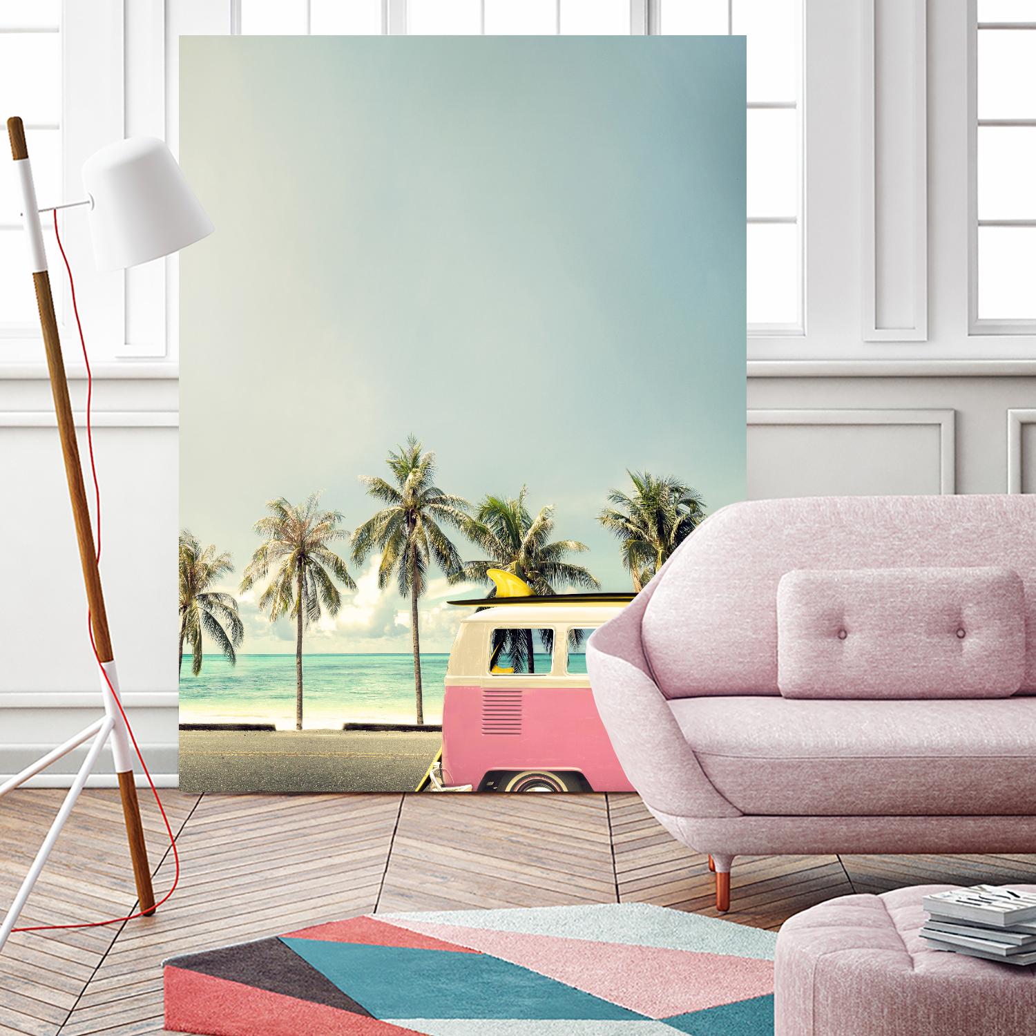 Surf Bus Pink by Design Fabrikken on GIANT ART - multi coastal, landscapes, photography, beaches, cars, ocean, palm trees, surfing, tropical, transportation