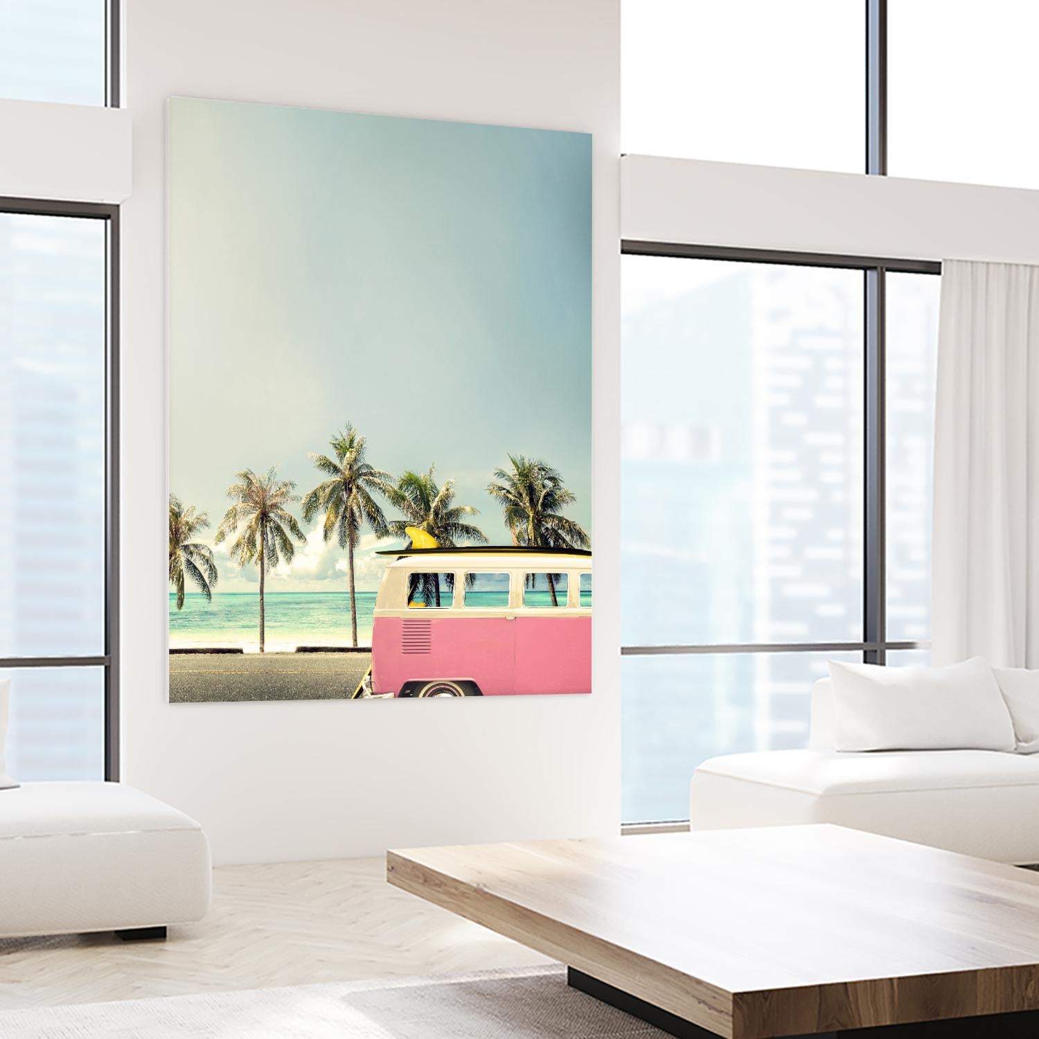 Surf Bus Pink by Design Fabrikken on GIANT ART - multi coastal, landscapes, photography, beaches, cars, ocean, palm trees, surfing, tropical, transportation