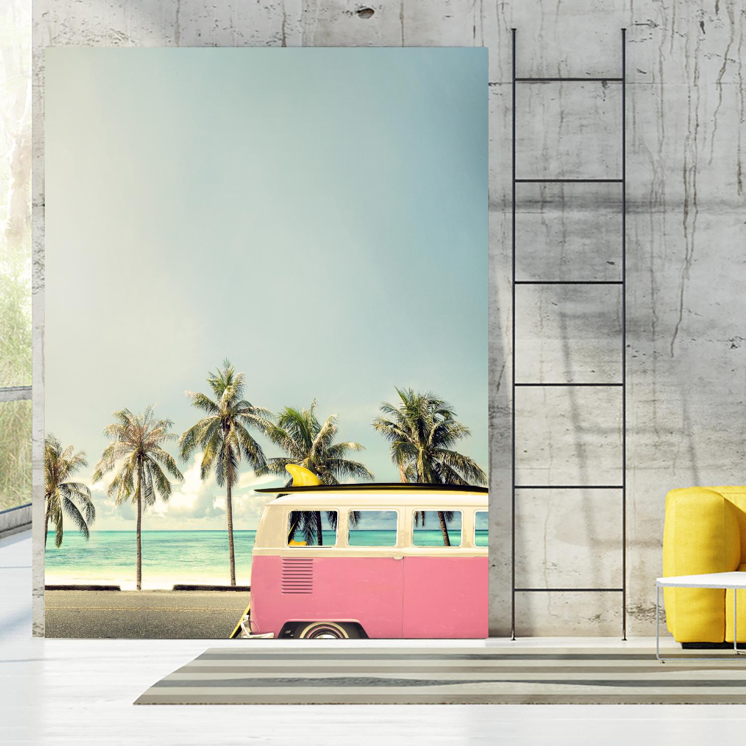 Surf Bus Pink by Design Fabrikken on GIANT ART - multi coastal, landscapes, photography, beaches, cars, ocean, palm trees, surfing, tropical, transportation