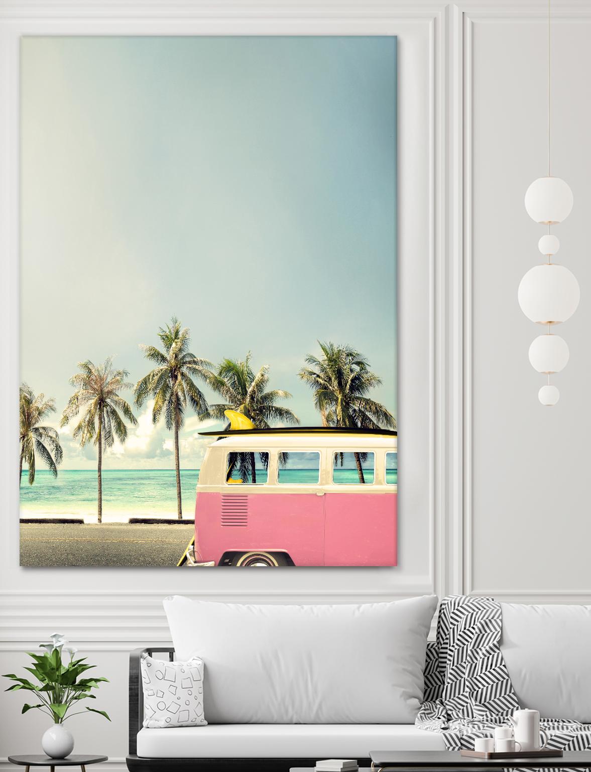 Surf Bus Pink by Design Fabrikken on GIANT ART - multi coastal, landscapes, photography, beaches, cars, ocean, palm trees, surfing, tropical, transportation