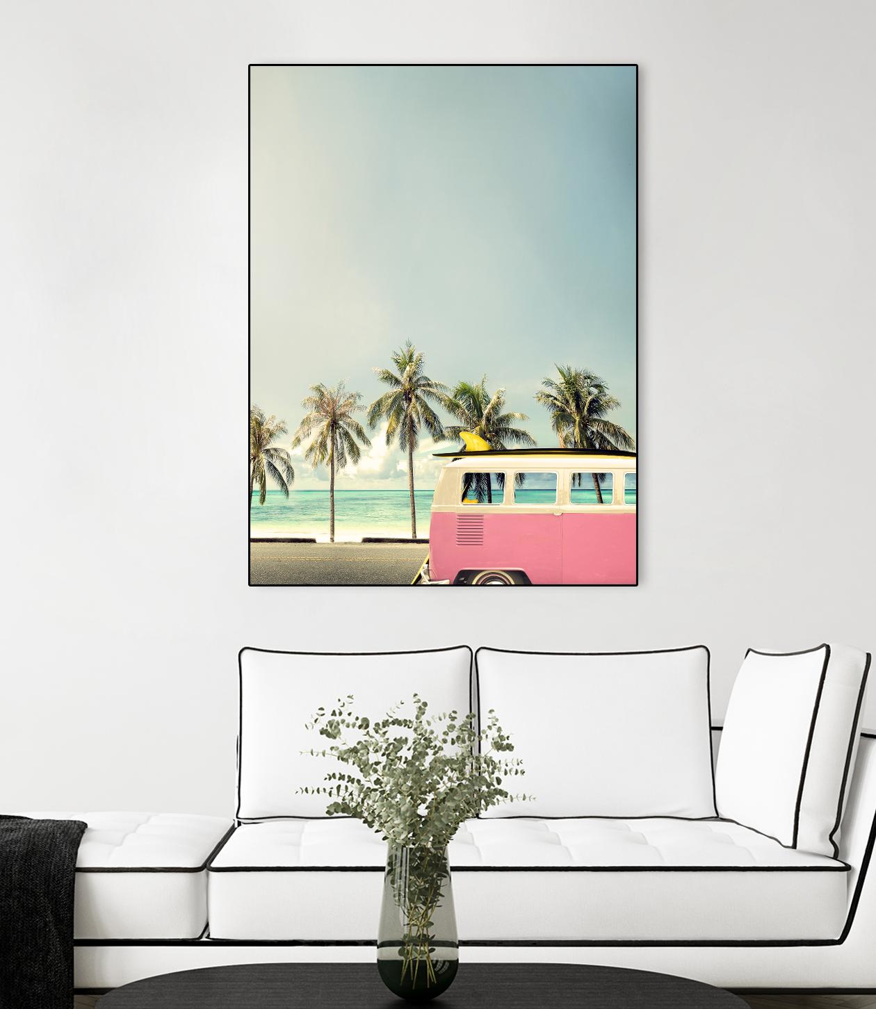 Surf Bus Pink by Design Fabrikken on GIANT ART - multi coastal, landscapes, photography, beaches, cars, ocean, palm trees, surfing, tropical, transportation