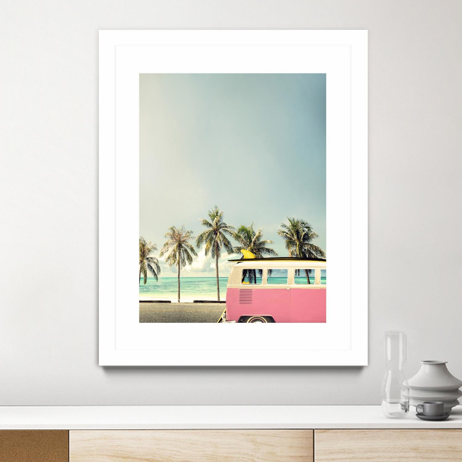 Surf Bus Pink by Design Fabrikken on GIANT ART - multi coastal, landscapes, photography, beaches, cars, ocean, palm trees, surfing, tropical, transportation