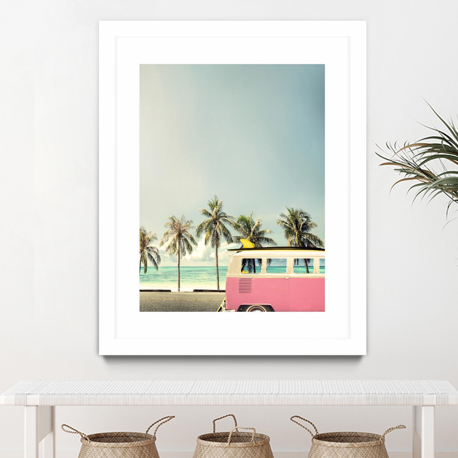 Surf Bus Pink by Design Fabrikken on GIANT ART - multi coastal, landscapes, photography, beaches, cars, ocean, palm trees, surfing, tropical, transportation